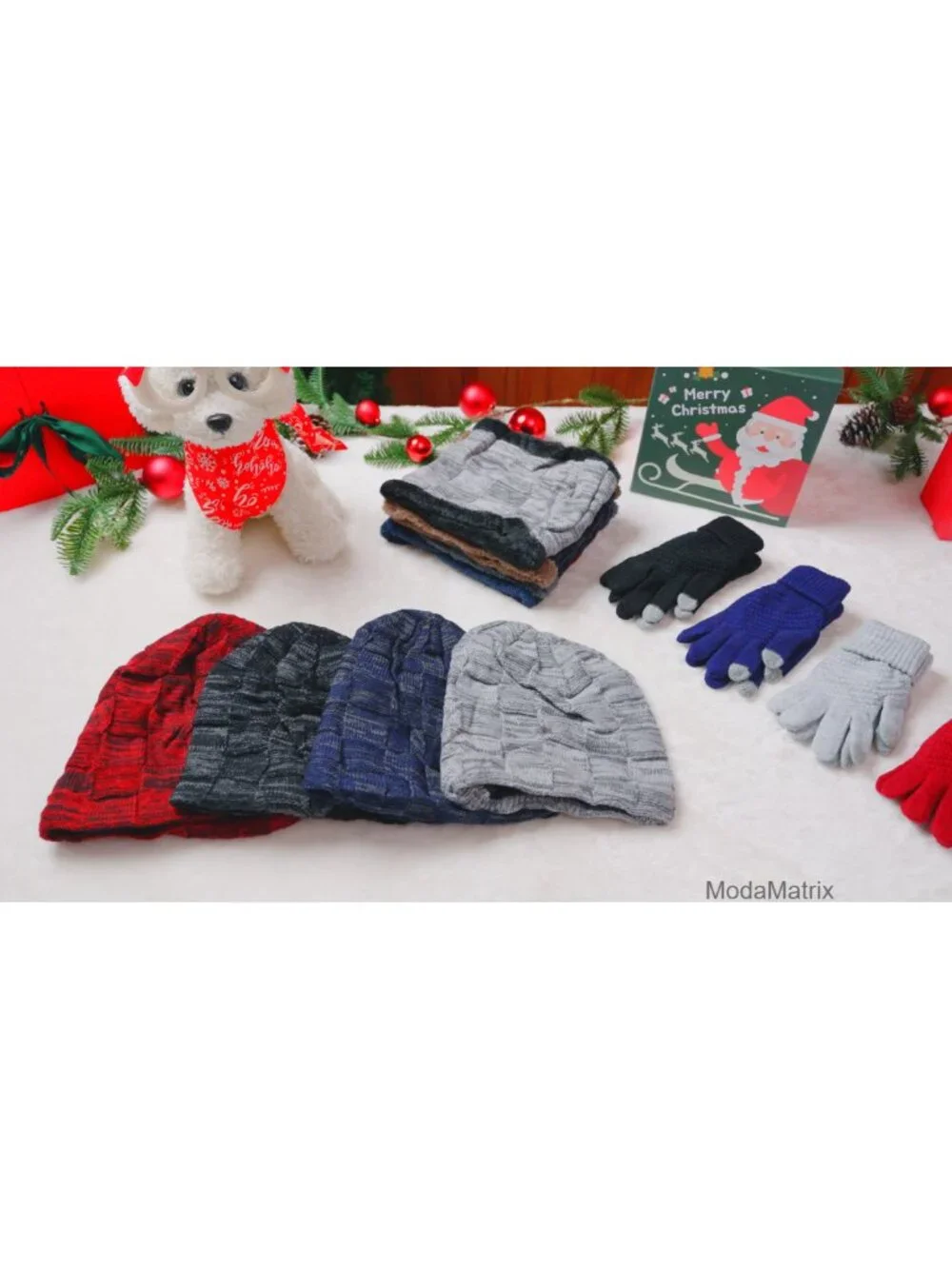 Winter Hat Scarf Gloves Set, 12 Pieces, Touch Screen Mittens, Acrylic Knit, Men